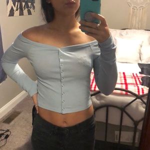 Off the shoulder baby blue shirt!